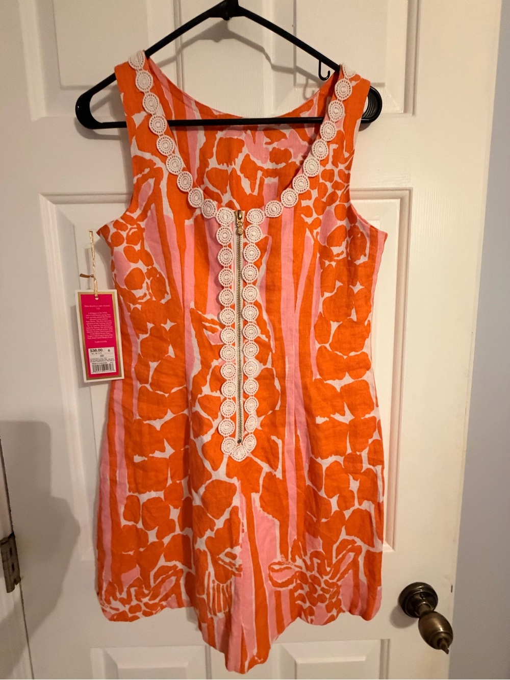 Lilly Pulitzer Orange & Pink Sleeveless Shift Dress with White Lace Trim